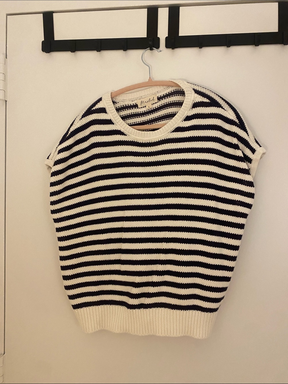 Marled Black and Cream Striped Short-Sleeve Knit Sweater